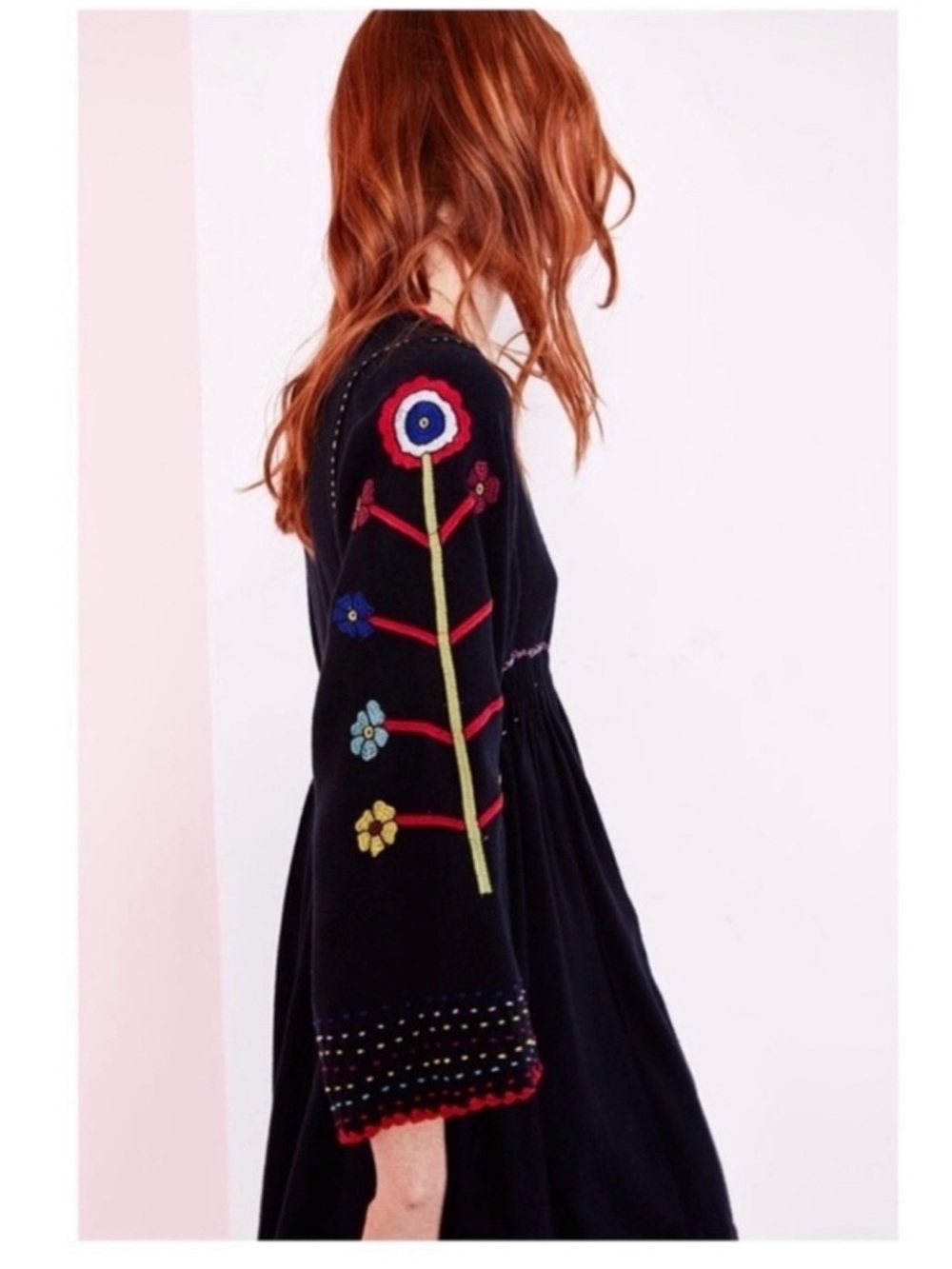 ULLA JOHNSON MASHA MINI DRESS BLACK WITH MULTI COLOR FLORAL EMBROIDERY SIZE 12